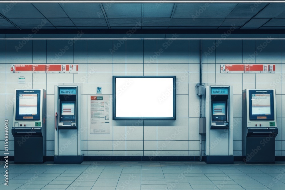 Subway Station Mockup: A blank billboard ad space in a bustling subway station, surrounded by ticket machines and sleek, modern architecture, offering a prime opportunity for high-impact advertising. Subway Station Mockup: A blank billboard ad space in a bustling subway station, surrounded by ticket machines and sleek, modern architecture, offering a prime opportunity for high-impact advertising.