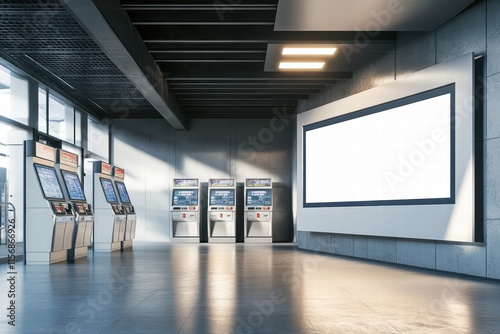 Modern Subway Station with Blank Billboard: A sleek and minimalist subway station interior with a large blank billboard providing the perfect canvas for your brand message.