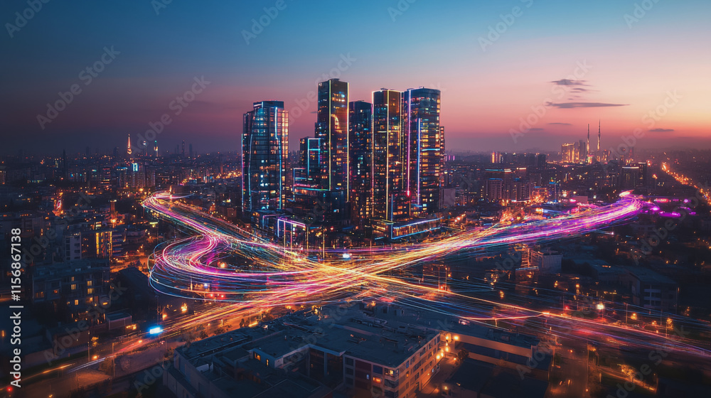 Smart digital Innovation city with connection network reciprocity over the cityscape. of future smart wireless city and social media networking systems that connects business people with in city