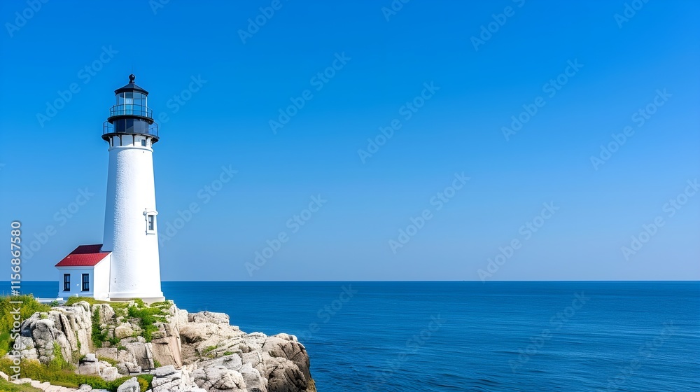 Majestic Lighthouse on Rocky Coast Against Clear Blue Sky