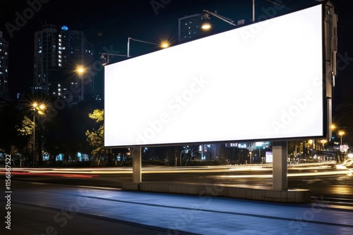 Blank Billboard in City Night: A towering, blank billboard stands illuminated against a backdrop of city lights and speeding traffic, presenting a captivating canvas for your message.