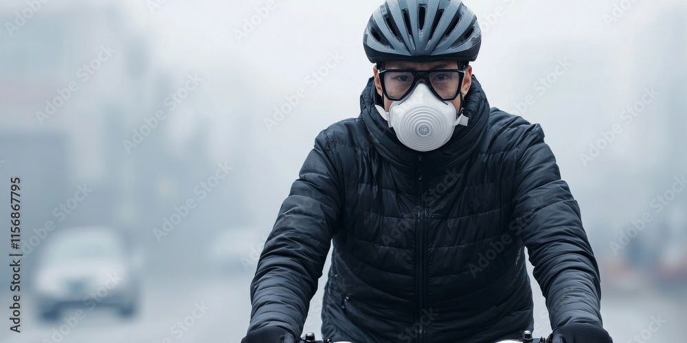 PM2.5 concept. Cyclist wearing a mask in a foggy urban environment. PM2.5 concept. Cyclist wearing a mask in a foggy urban environment.