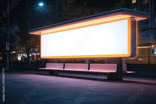 Nighttime City Billboard: A blank billboard with glowing orange edges stands illuminated against the backdrop of a bustling urban cityscape. The perfect canvas for your brand message.