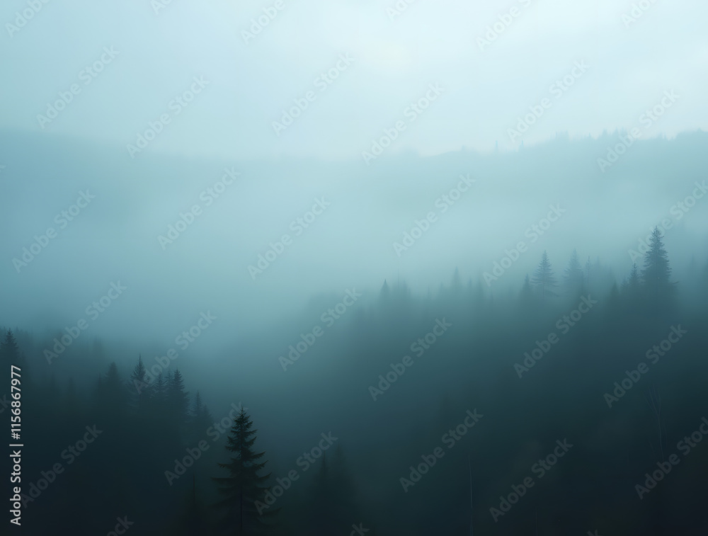 Fototapeta premium Panoramic view of a misty mountain landscape enveloped in morning fog, with a fir forest stretching into the distance. A fleeting, ethereal atmosphere fills the mist-shrouded woods, evoking a vintage 
