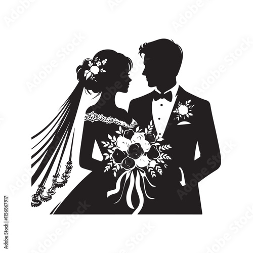 Black Color wedding couple silhouette design Vector Illustration, Solid White Background 51.eps