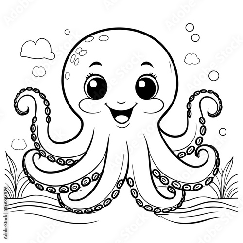 printable coloring pages of cute and happy octopus in sea, this is ideal outline coloring pages for kindergarten printable