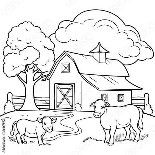 printable coloring pages of cow in countryside farm shed, this is ideal outline coloring pages for kindergarten printable