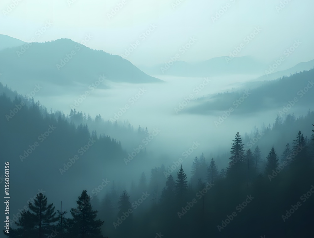 Panoramic view of a misty mountain landscape enveloped in morning fog, with a fir forest stretching into the distance. A fleeting, ethereal atmosphere fills the mist-shrouded woods, evoking a vintage Panoramic view of a misty mountain landscape enveloped in morning fog, with a fir forest stretching into the distance. A fleeting, ethereal atmosphere fills the mist-shrouded woods, evoking a vintage