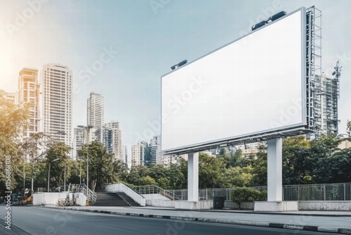 Blank Billboard Mockup in Urban Setting: A towering blank billboard stands proud against a backdrop of modern skyscrapers, offering a compelling canvas for your brand message.