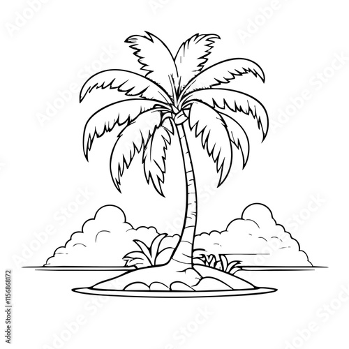 printable coloring pages of Palm tree in betwwen sea on tiny island, this is ideal outline coloring pages for kindergarten printable photo