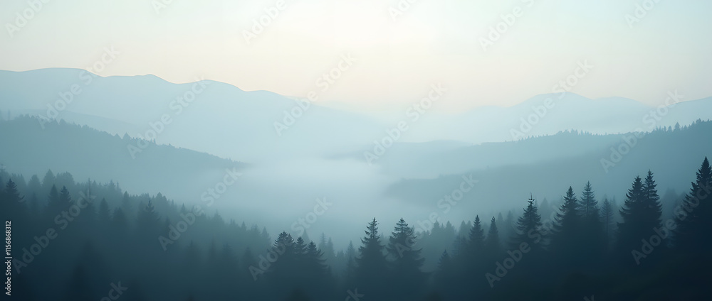Panoramic view of a misty mountain landscape enveloped in morning fog, with a fir forest stretching into the distance. A fleeting, ethereal atmosphere fills the mist-shrouded woods, evoking a vintage Panoramic view of a misty mountain landscape enveloped in morning fog, with a fir forest stretching into the distance. A fleeting, ethereal atmosphere fills the mist-shrouded woods, evoking a vintage