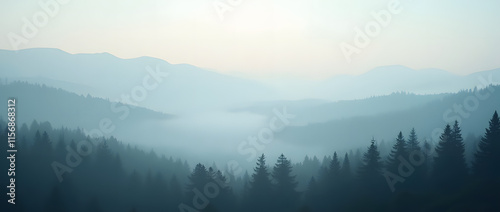 Panoramic view of a misty mountain landscape enveloped in morning fog, with a fir forest stretching into the distance. A fleeting, ethereal atmosphere fills the mist-shrouded woods, evoking a vintage 