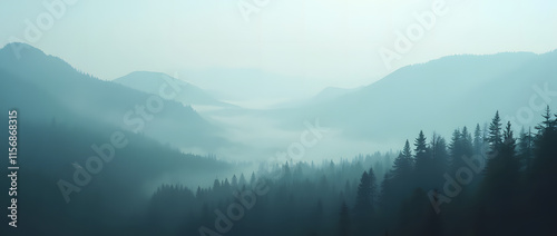 Panoramic view of a misty mountain landscape enveloped in morning fog, with a fir forest stretching into the distance. A fleeting, ethereal atmosphere fills the mist-shrouded woods, evoking a vintage 