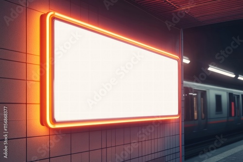 Blank Billboard Mockup: Subway Station Ad Space - A large, blank billboard mockup with an orange neon frame, strategically placed on a subway station wall.