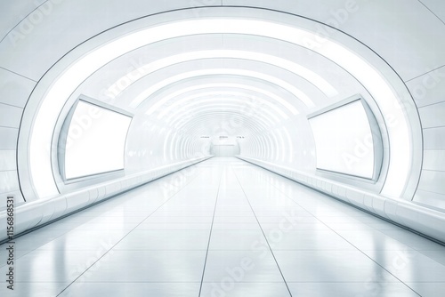 Futuristic Corridor with Blank Display Screens: A sleek and minimalist corridor with blank display screens on each side, evoking a sense of futuristic architecture and boundless possibilities.