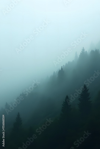 Panoramic view of a misty mountain landscape enveloped in morning fog, with a fir forest stretching into the distance. A fleeting, ethereal atmosphere fills the mist-shrouded woods, evoking a vintage 