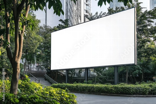 Blank Billboard Mockup: A large blank billboard stands tall, ready to be filled with your message.  Its pristine surface and urban backdrop provide a powerful canvas for bold advertising campaigns. photo