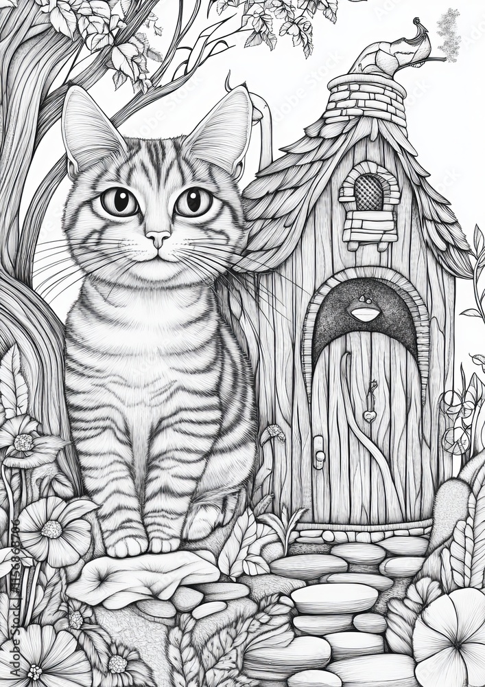 Naklejka premium Fantasy Cat House Coloring Pages