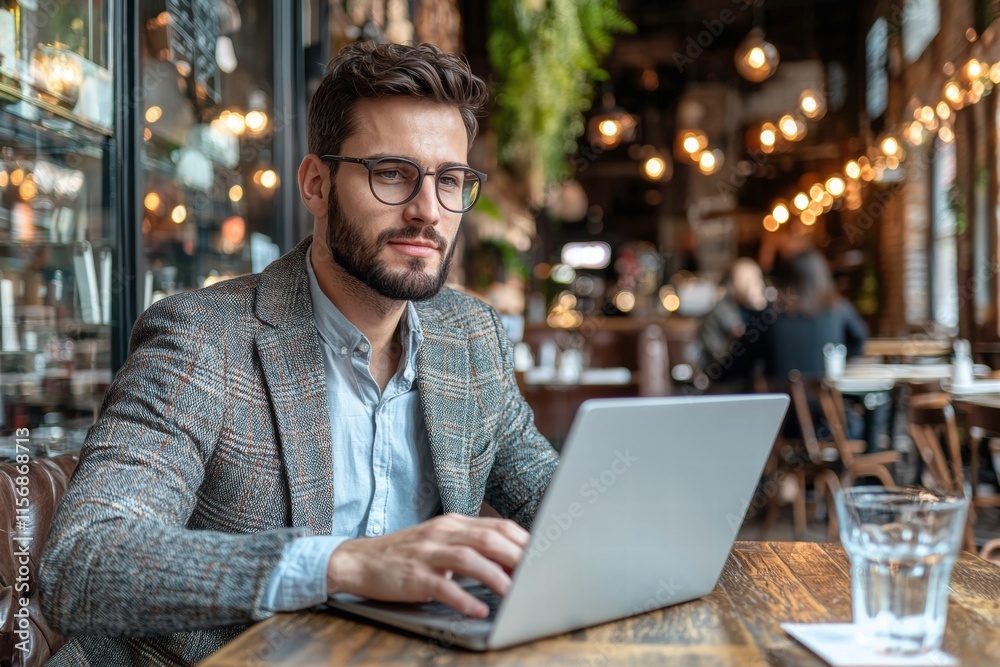 Focused Man Working on Laptop at Cozy Table in Bright Cafe Setting Focused Man Working on Laptop at Cozy Table in Bright Cafe Setting