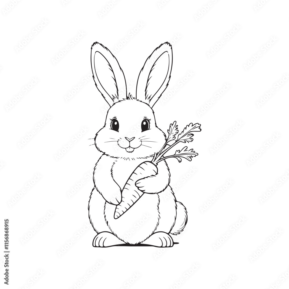 Cute Black and White Line Art Rabbit Holding a Carrot Cute Black and White Line Art Rabbit Holding a Carrot