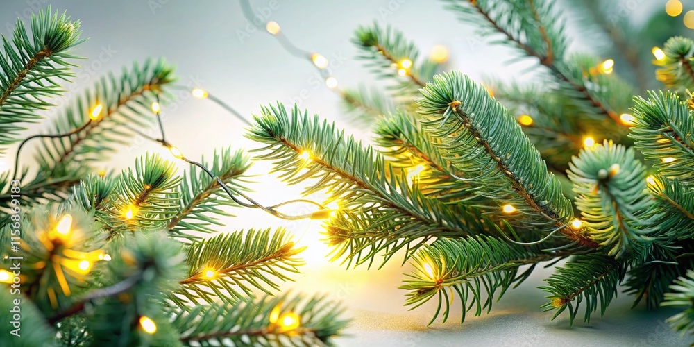 Christmas Tree Branches with Fairy Lights, Soft Green and Yellow, Floating on White Background - Festive Holiday Stock Photo Christmas Tree Branches with Fairy Lights, Soft Green and Yellow, Floating on White Background - Festive Holiday Stock Photo