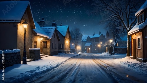 Wallpaper Mural A snowy village scene at night, lit by soft street lamps, with a gentle snowfall Torontodigital.ca