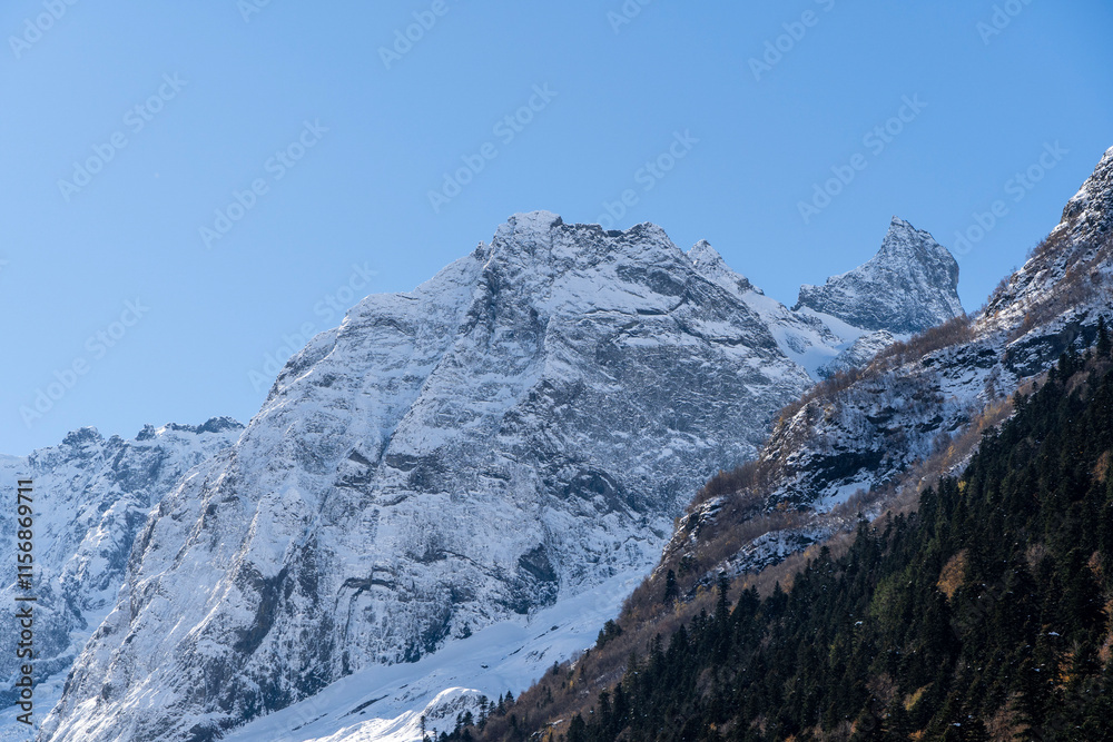 Snow-capped peaks with majestic blue slopes rise above rugged slopes of North Caucasus mountain range. Picturesque pine and spruce forests grow at foot of mountains with eternal glaciers. Dombai. Snow-capped peaks with majestic blue slopes rise above rugged slopes of North Caucasus mountain range. Picturesque pine and spruce forests grow at foot of mountains with eternal glaciers. Dombai.