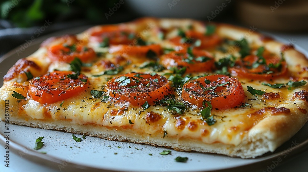 A delicious pizza topped with cheese, tomatoes, and herbs, served on a plate. A delicious pizza topped with cheese, tomatoes, and herbs, served on a plate.