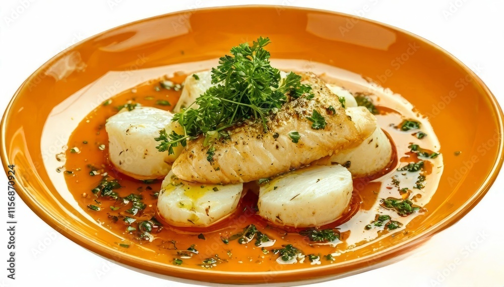bacalhau, on an orange plate on a white background bacalhau, on an orange plate on a white background