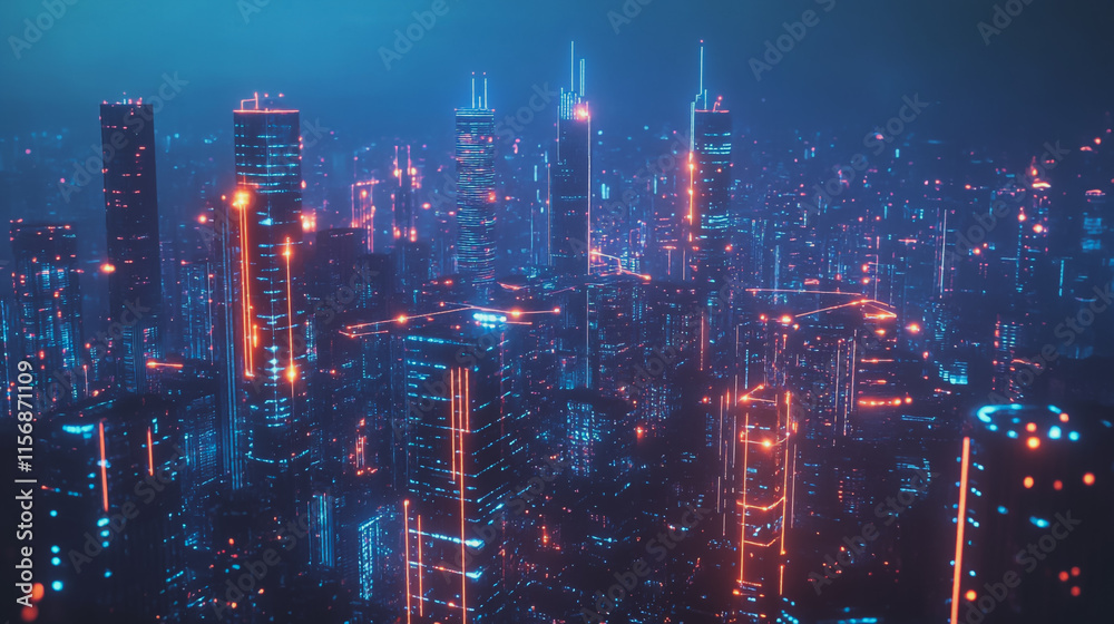 Fototapeta premium Smart digital Innovation city with connection network reciprocity over the cityscape. of future smart wireless digital city and social media networking systems that connects people with in city