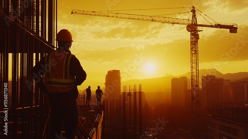 Construction Worker Overlooking Building Site at Sunset