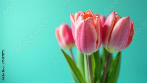 Vibrant pink tulips against a turquoise background: a fresh spring floral display. International Women's Day