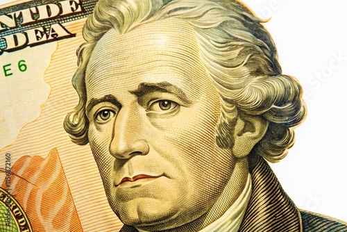 Close-up of a Ten Dollar Bill Featuring a Portrait, US Currency, Money Detail, American Banknote photo