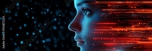 Cybernetic Human Profile with Glowing Blue and Red Data Streams for Tech Thumbnails and Innovation Branding