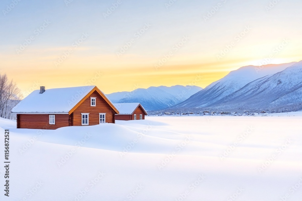 A serene winter landscape featuring cozy wooden cabins surrounded by pristine snow and distant mountains under a pastel sunset. A serene winter landscape featuring cozy wooden cabins surrounded by pristine snow and distant mountains under a pastel sunset.