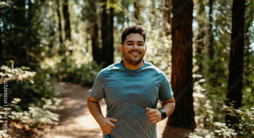 Young hispanic man enjoying a nature run in sunlit forest on a vibrant day Young hispanic man enjoying a nature run in sunlit forest on a vibrant day