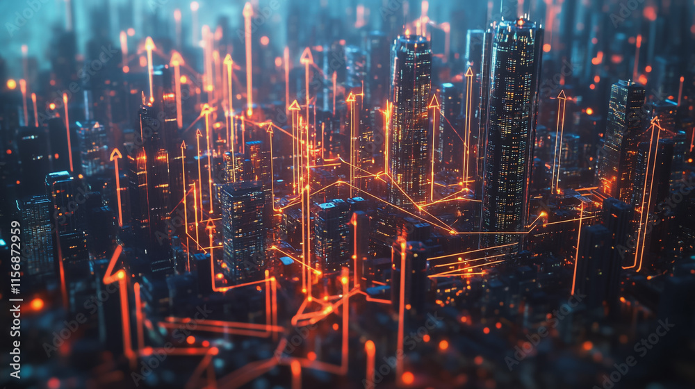 Fototapeta premium Smart digital Innovation city with connection network reciprocity over the cityscape. of future smart wireless digital city and social media networking systems that connects people with in city