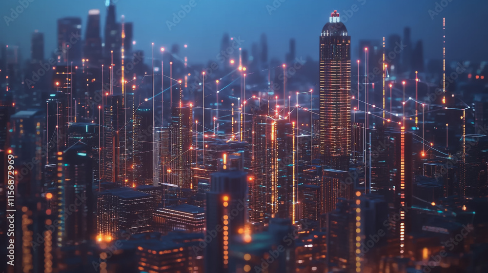 Fototapeta premium Smart digital Innovation city with connection network reciprocity over the cityscape. of future smart wireless digital city and social media networking systems that connects people with in city