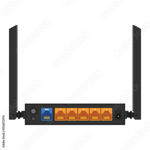 Router with antennas and 6 ethernet ports. Vector illustration in flat style