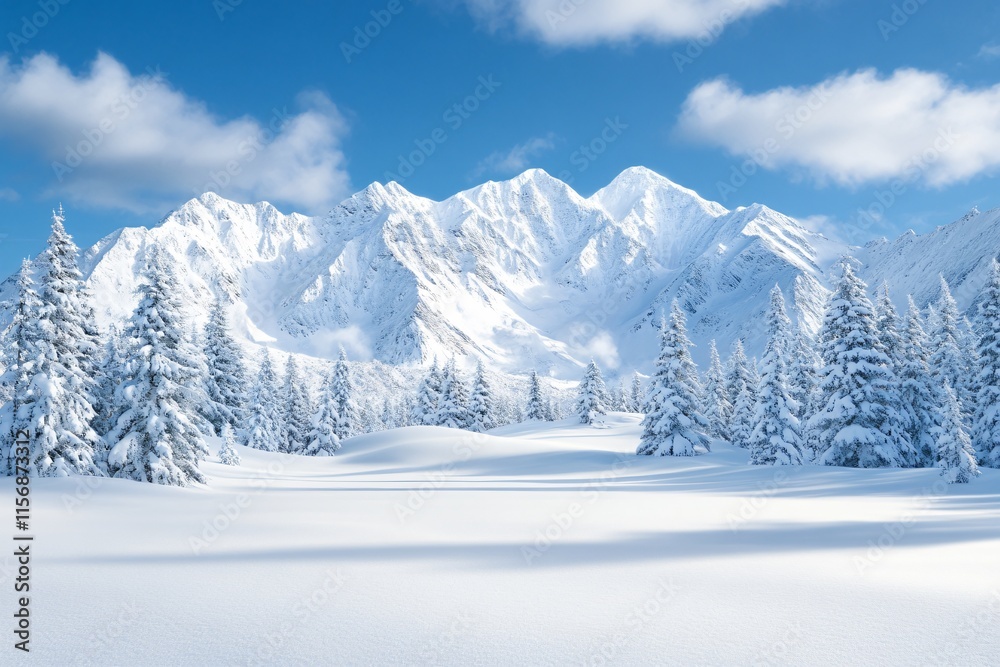 Obraz premium A serene winter landscape featuring snow-covered mountains and evergreen trees under a bright blue sky with fluffy clouds.