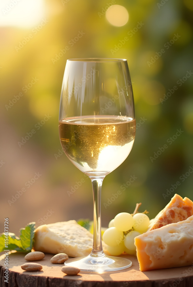 A glass of white wine paired with grapes, cheese, and nuts on a bright, sunlit background. Ideal for lunch at a winery, a romantic gathering, or a wine tasting event. Perfect for wine shop promotions A glass of white wine paired with grapes, cheese, and nuts on a bright, sunlit background. Ideal for lunch at a winery, a romantic gathering, or a wine tasting event. Perfect for wine shop promotions