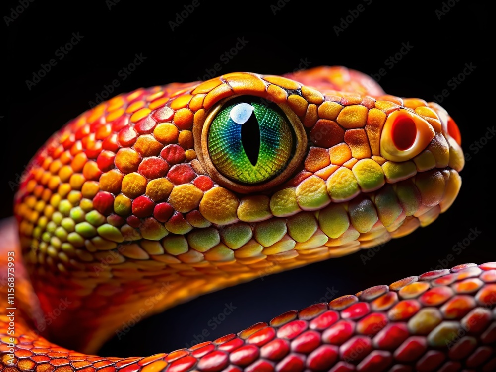 Fototapeta premium Close-up Snake Eyes Defensive Posture Black Background Stock Photo