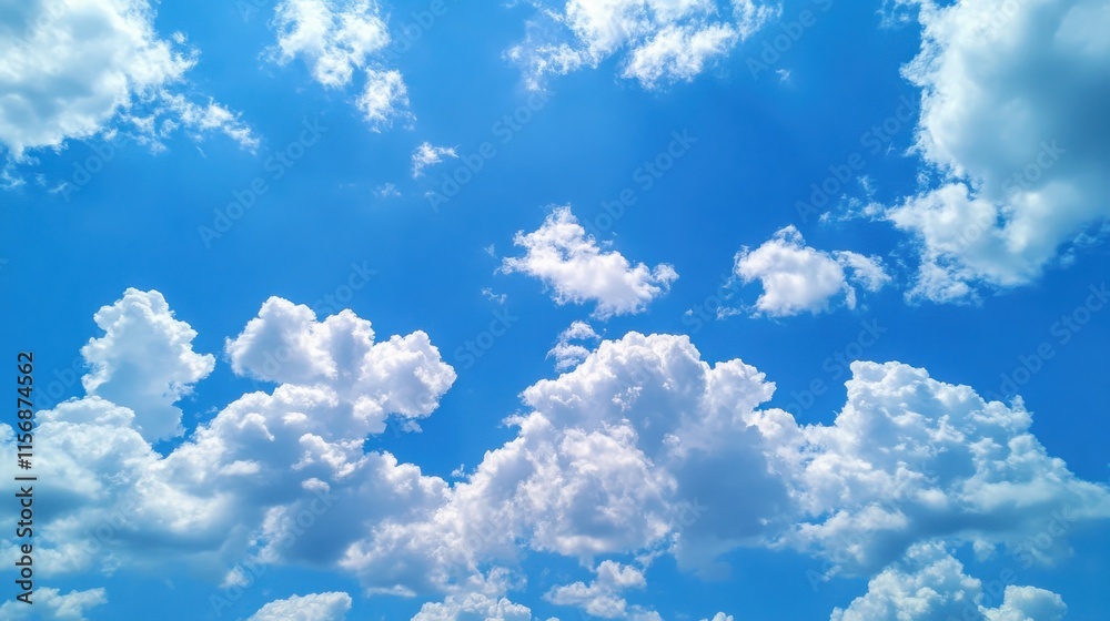 Obraz premium A bright blue sky filled with fluffy white clouds, creating a serene and picturesque view, ideal for relaxation and inspiration.