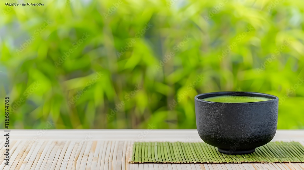 Black Bowl of Matcha Tea on a Bamboo Mat with Green Background Black Bowl of Matcha Tea on a Bamboo Mat with Green Background