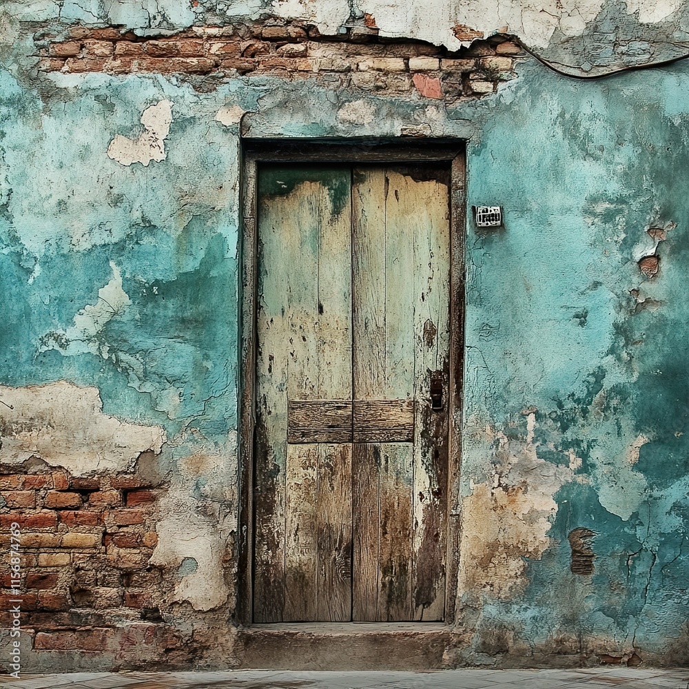 Old Weathered Wooden Door in a Crumbling Brick Wall Old Weathered Wooden Door in a Crumbling Brick Wall