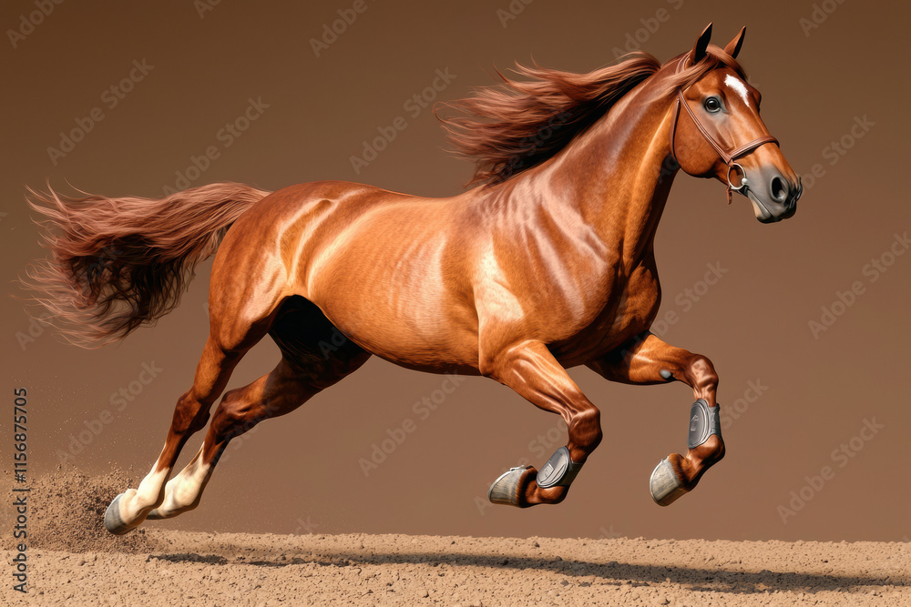 Majestic brown horse running swiftly in sandy arena Majestic brown horse running swiftly in sandy arena
