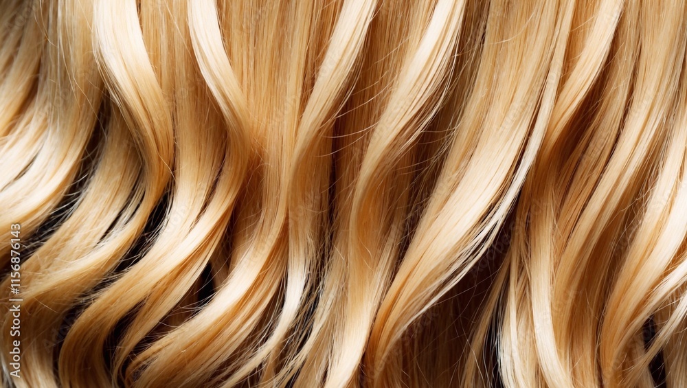 Fototapeta premium A closeup the long, wavy strands of a woman vibrant blonde hair. The hair exudes a remarkable shine and healthiness, which accentuates its beauty and allure.