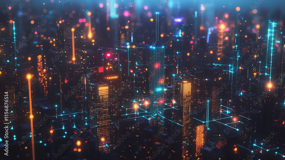 Fototapeta premium Smart digital Innovation city with connection network reciprocity over the cityscape. of future smart wireless digital city and social media networking systems that connects people with in city