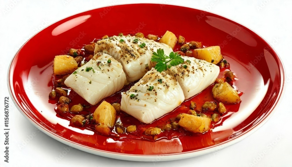 bacalhau, on a red plate on a white background bacalhau, on a red plate on a white background