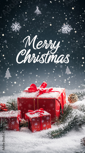 Christmas backdrop with snowy ground, gifts, and white 